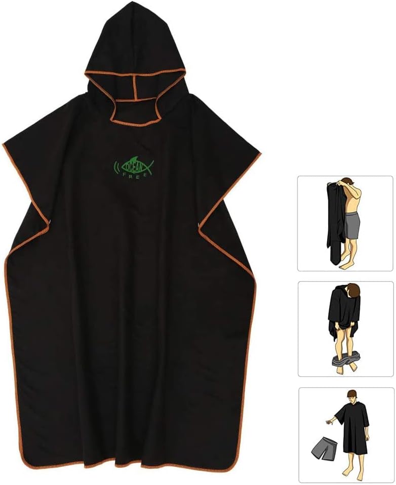 miuline Changing Towel Poncho with Hood Quick Dry Swim Drying Robe Microfibre Beach Towel for Adults Womens Men One Size Fit All (black)