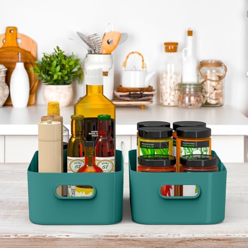 W&H 5 PCS Plastic Storage Boxes with Handle, Medium Plastic Storage Baskets, Rectangular Home & Kitchen Organiser, Storage Boxes for Bathroom, Kitchen, Office and School - 25×17×10cm (Green) - Image 4