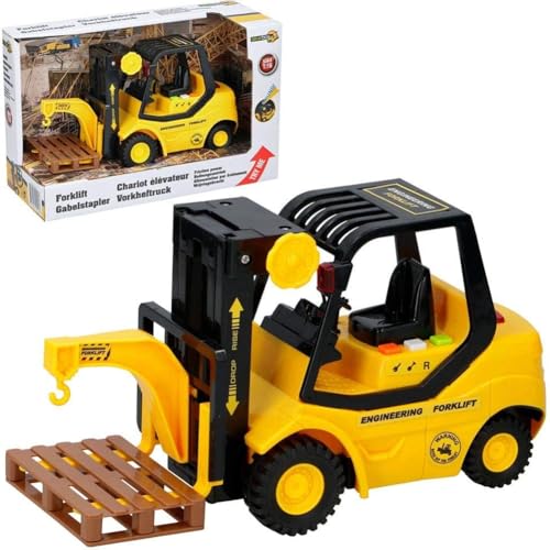 BAKAJI Muletto Giocattolo per Bambini con Movimento a Frizione, Gioco con Luci e Suoni Realistici, Macchine da Lavoro Gioco con Effetti Sonori e Forche Elevatrici Funzionanti, Gancio e Pedana Pallet