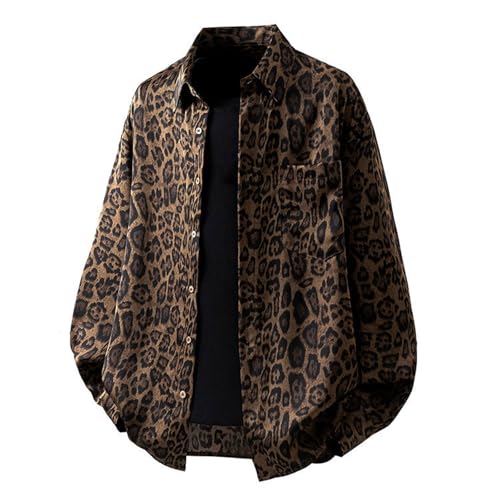 ZDSUHYIW Camisa de manga larga para hombre con estampado de leopardo, chaqueta de moda para el tiempo libre, transpirable, chaqueta funcional, informal, abrigo con botones, camiseta de manga larga