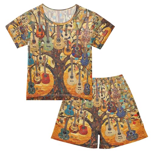 ALAZA Fantasy Guitar Tree Music Pajamas Set Short Sleeve Cotton Sleepwear Summer Pjs 2 Piece 5-14Y