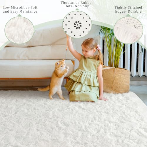 HOMORE Cream White Rugs for Bedroom, 4x6 Feet Fluffy Area Rugs for Kids Bedroom Playroom, Modern Shag Faux Fur Rugs for Living Room, Cute Dorm Rug Carpets for Kids Nursery Girls Room Decor, Ivory