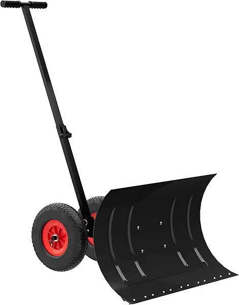 30“W X 15" H Snow Shovel with Wheels, Heavy Duty Snow Pusher for Driveway & Snow Removal, Ergonomic Snow Pusher Shovel with Adjustable Angle Height Handle, Efficient Back Saver