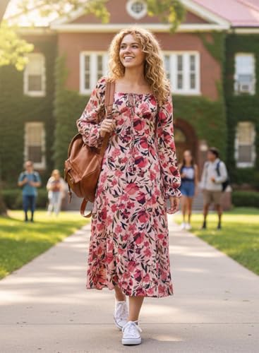 Image of BLENCOT Womens Casual Square Neck Long Sleeve Boho Floral Midi Dress Print Side Split Dresses