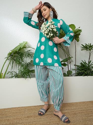 Image of EthnicJunction Women's Linen Floral Print Summer Wear Straight Short Kurti with Afghani Pant Set | Co Ord Set for Women Stylish | Fusion wear Women