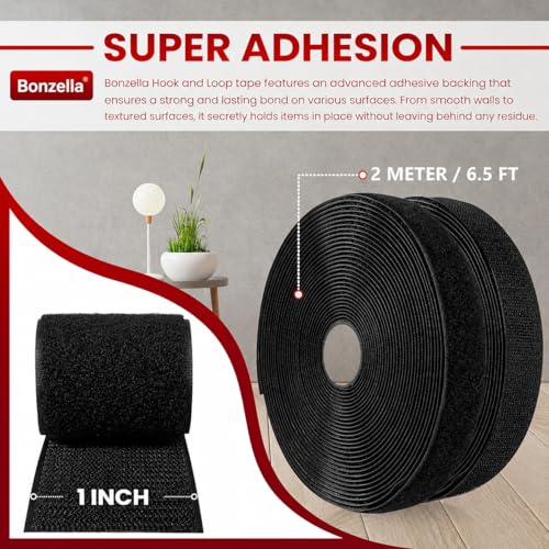 Image of BONZELLA Self Adhesive Hook and Loop Tape, Mosquito Net Mounting Tape for Office use, Photo Frames, Multipurpose Double Sided Adhesive Hook Loop Tape for Crafting & Wall Hanging, Black (2M x 25mm)