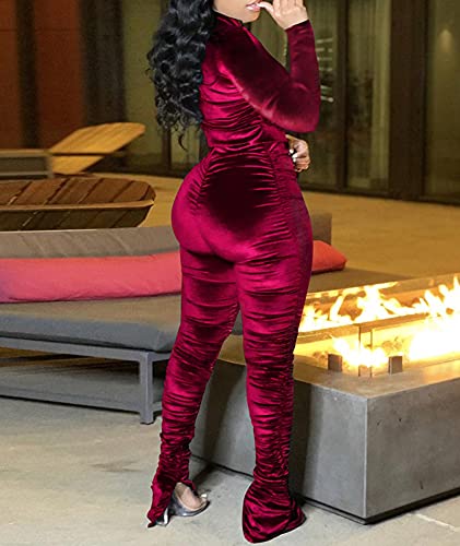 SEMATOMALA Women's Velour 2 Pieces Tracksuit Ruched Zip-Up Hoodies Jacket Stacked Skinny Pants Sexy Club Activewear Outfits4