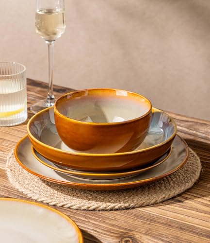 Image of LERATIO Ceramic Dinnerware Sets for 4,16-Piece Reactive Glaze Plates and Bowls Set with Mugs,Highly Chip and Crack Resistant | Dishwasher,Microwave & Oven Safe Dishes set-Kahki