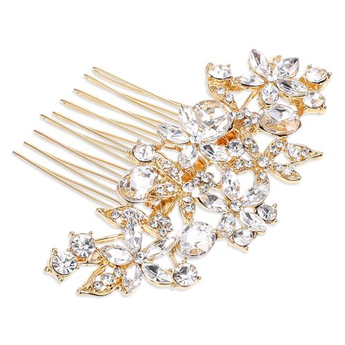 Psyqtsuary Pettine per capelli da sposa, con strass luccicanti, con fiore di cristallo, decorativo, accessorio per capelli da sposa, per donne e ragazze (oro)