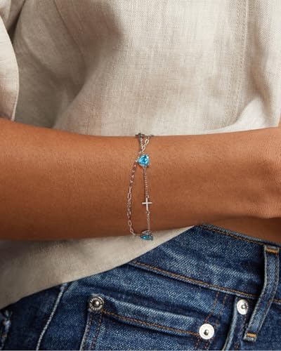 Birthstone Cross Bracelet for Women, S925 Sterling Silver Heart Bracelet with 5A Cubic Zirconia, Dainty Link Charm Double Layer Jewelry Birthday Gift for Her4