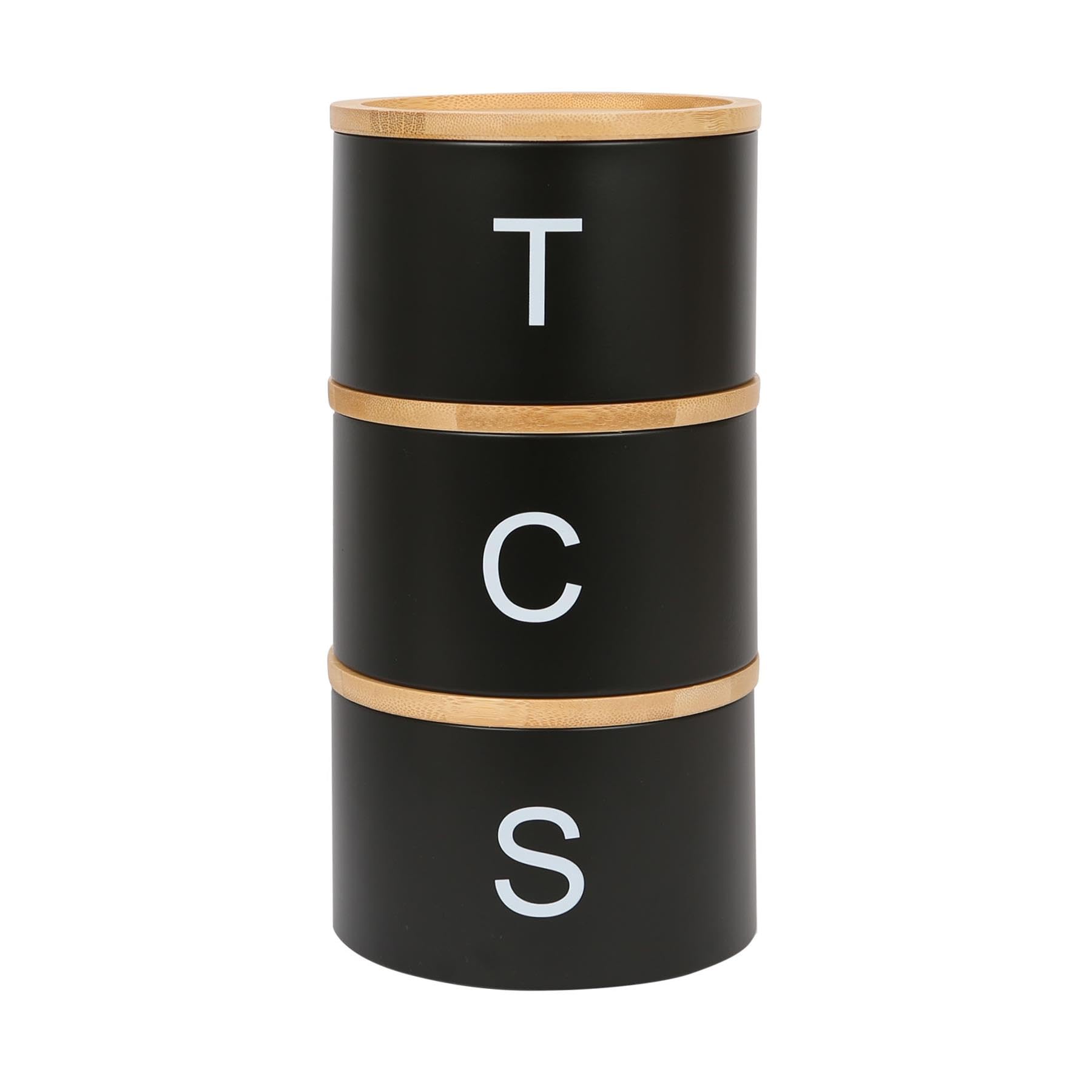 3pc Stacking Tea Coffee Sugar Canister Set - Black Galvanised Steel - Kitchen Food Storage