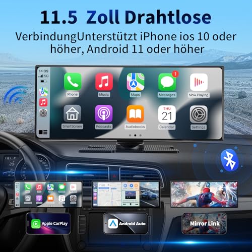 11.5 Zoll Carplay Display Android Auto Display,4K Car Play Kabelloses Carplay Android Auto Bildschirm mit siri/GOO-gle,Navigation,Bluetooth,AUX/FM,Dash Cam,Rückfahrkamera,Mirror Link – Bild 6