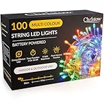 CHRISTOW Christmas Fairy Lights Battery Operated, Multi-Coloured LED String Lighting with Timer, Indoor & Outdoor, 8 Light Modes Flashing & Static Glow, Clear Cable (100 LED / 10m Lit Length)