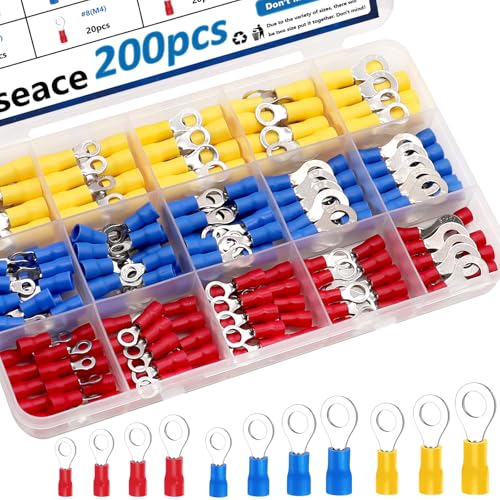 smseace 200pcs Ring Terminals 12-Sizes(M3/M4/M5/M6) Insulated Ring Connectors 22-16/16-14/12-10AWG Electrical...