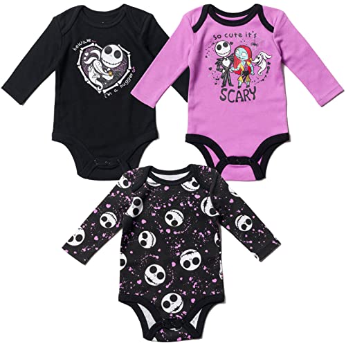 Image of Disney Nightmare Before Christmas Jack Skellington Sally Zero Newborn Baby Girls 3 Pack Cuddly Bodysuits Black/Purple 6-9 Months
