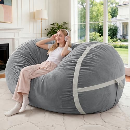 Image of 4FT Bean Bag Chair 4'Big Bean Bag Chairs with Adults, Large Beanbag Chair | Bean bag Lounger with Machine Washable Cover Dutch Velvet Fabric, Comfy Chairs for Living Room, Bedroom, Dorm, Lightgrey