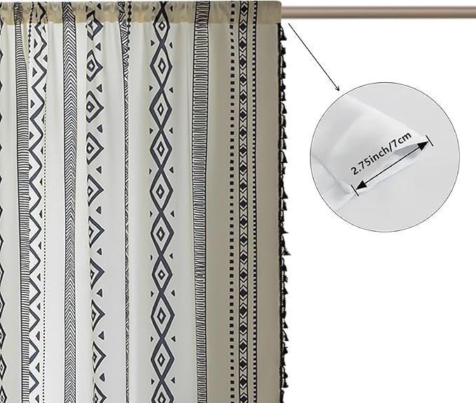Image of Black Geometric Curtains 54 Inches Long, Boho Farmhouse Light Filtering Rod Pocket Drapes with Tassel Trim for Bedroom Living Room, 2 Panels