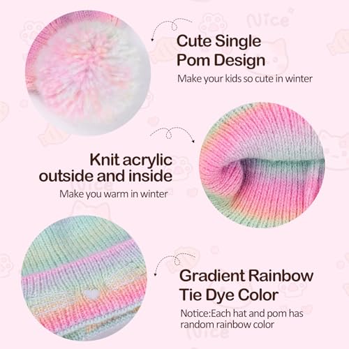 Cat Face Earflap Beanie and Gloves Set for Girls Rainbow Pom Knit Hats Winter Outdoor Snow Ski Caps Age 2-104