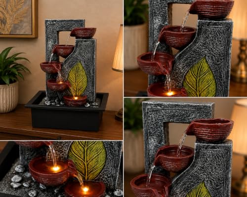Image of CHRONIKLE Indoor Tabletop Water Fountain with Warm LED Light & Controller Pump | Green Leaf Designer 4 Diya Step Cascade Polyresin Waterfall Fountain for Home, Meditation| Silver Brown | 40x29.5x22 CM