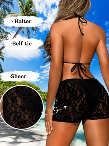 Women's Halter Triangle String Bikini Sets, Floral Lace Cheeky 3 Piece Swimsuit with Shorts, Beach Pool Party3