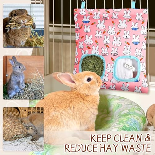 UPINS 3 Hay Bag for Rabbits 2-Hole Hanging Hay Feeder Guinea Pig Hay Bags, Hay Feeder for Rabbits Chinchillas Hamsters Small Pets and Animals(Light Color) - Image 5