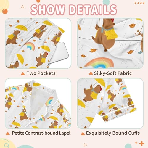 senya Capybara Take An Umbrella Satin Summer Pajama Sets Silk Short Sleeve Button Down Sleepwear3