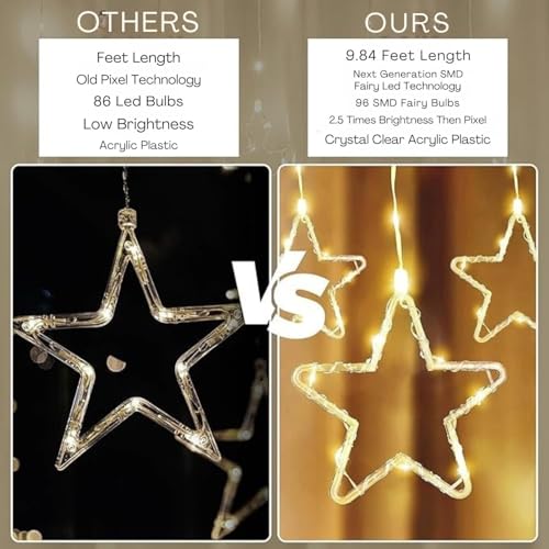 Image of One94Store Fairy Star Curtain String LED Lights, 3 Meter Warm White Plug-in Decorative Curtain with 96 LEDs, 8 Modes and 5+5 Star Design for Home, Festival, Diwali & Wedding Decoration