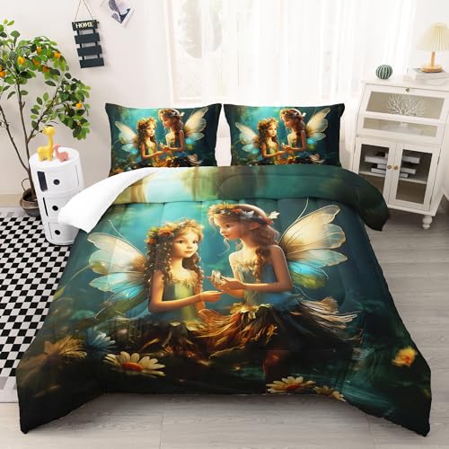 AILONEN Fairy Comforter Set - Full Size, Magical Little Fairy in The Forest Bedding Set for Kids Girls, Mom and Daughter Bed in a Bag, 1 Quilt Set and 2 Pillowcases, 3 PCS