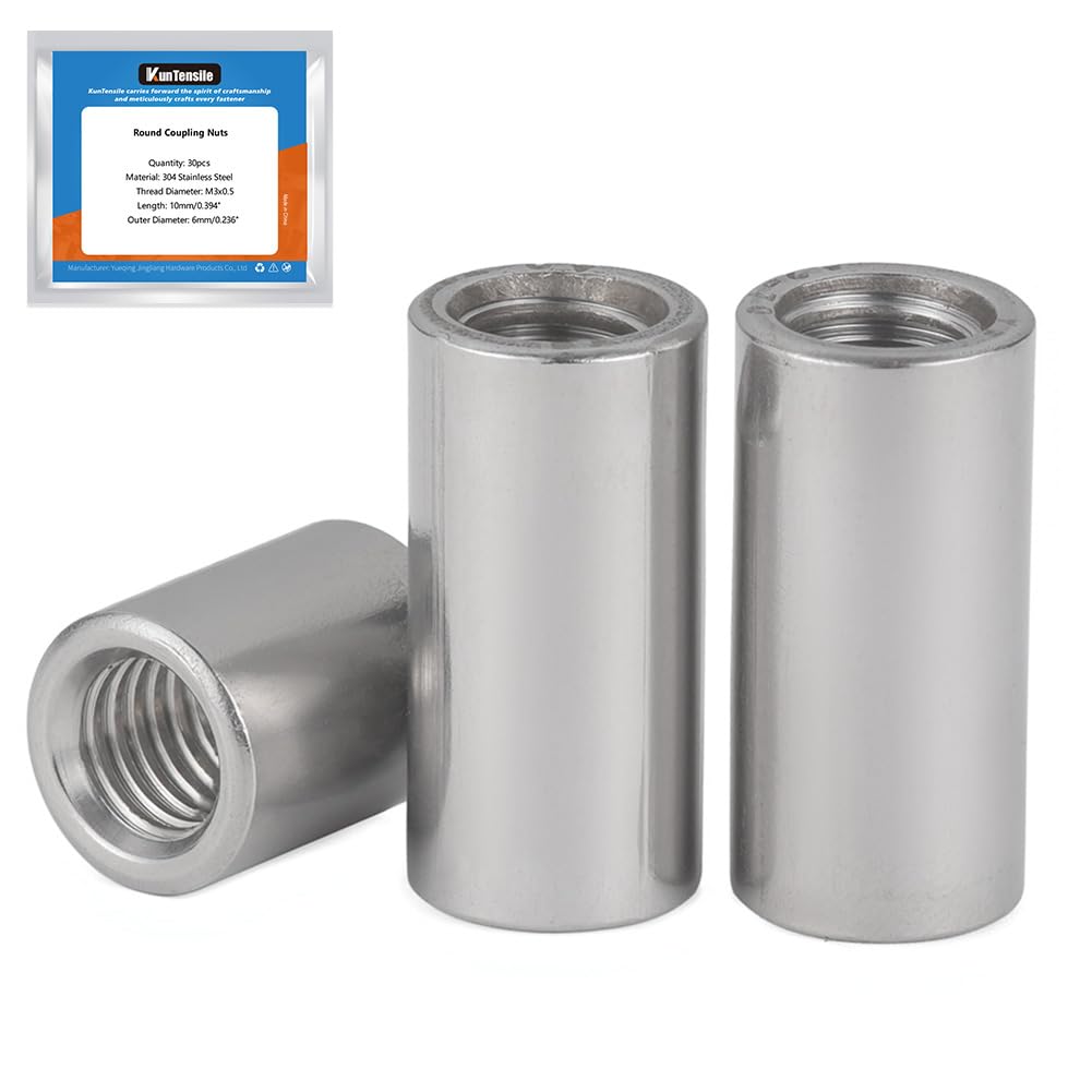 30 Pcs Round Coupling Nut, M3 x 0.5 Connecting Nuts 15mm/0.59" Length 304 Stainless Steel Threaded Round Connector Nuts, M3 x 6 x 15mm