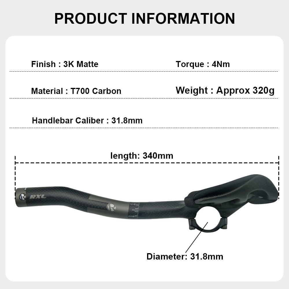 rxl SL Aero Bars, TT Bike Armlehne Lenker Carbon Faser AeroBar Triathlon 340 mm, grau