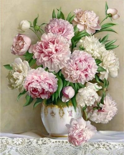 Figured'Art Broderie Point de Croix Kit Complet Estampé 32x40cm - Bouquet de Pivoines - Toile Aida 11 CT - Parfait pour Adultes et Débutantes