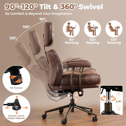Image of ovios Ergonomic Office Chair, High Back Faux Leather Executive Chairs with Thick Cushion, Comfy Mid-Century Modern Swivel Rolling Computer Armchair (Dark Brown, Suede Leather)
