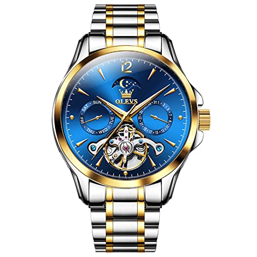 Image of OLEVS Men's Wristwatch, Popular, Mechanical Watch, Men's, Automatic Winding, Skeleton, Moon Phase, Business, Gentleman, Waterproof, Date, Calendar, Blue, Watch for Men, blue, Bracelet Type