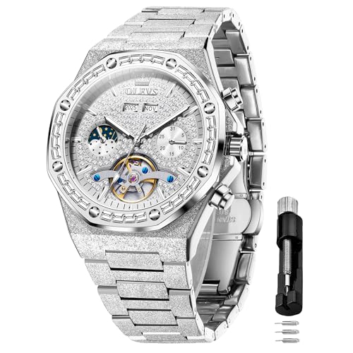 Image of OLEVS Automatic Watch for Men 44MM Large Dial Frosted Gold Octagon Self-Winding Diamond Waterproof Stainless Steel Wrist Watches Tourbillon Skeleton Mechanical