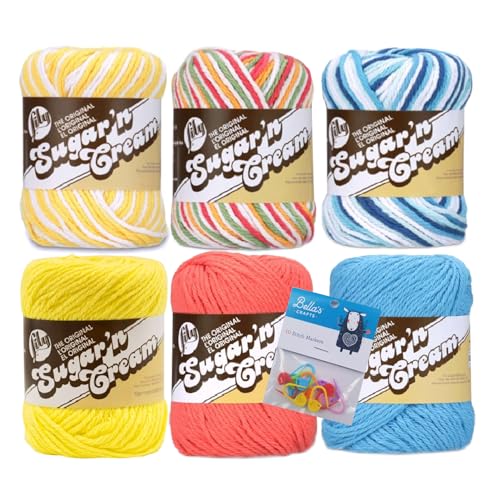 Image of Lily Sugar'n Cream 100% Cotton Yarn 6-Pack Bundle with Bella's Crafts Stitch Markers (Summer Fun)