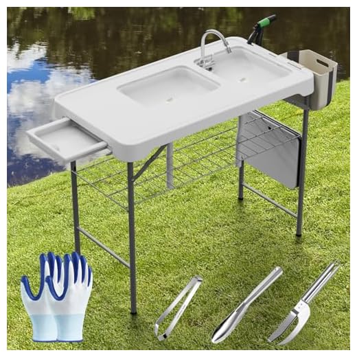 ERGMASTER Fish Cleaning Table with Sink 42.6" Width Portable Folding Camping Table with Measure Mark|Outdoor Fish Cleaning Station with Grid Rack&6pc Fish Cleaning Kit for Patio