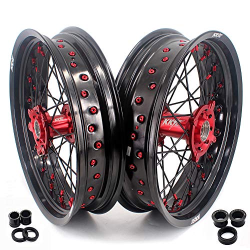 KKE 3.5/4.25 Supermoto Stunt Motorcycle Wheels Rims Set Compatible with HONDA CRF250R 2004-2013 CRF450R 2002-2012 Red Hub/Nipple Black Rim/Spoke