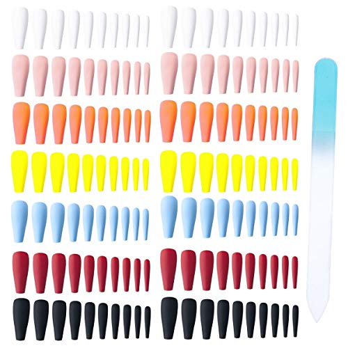 Umillars 7 Colors Matte False Nail Blue Long Ballerina Press On Nail Full Cover Fake Nails Fingernails Nail Tips Kit with One Crystal Nail File for Nail Art Salon DIY Decoration…