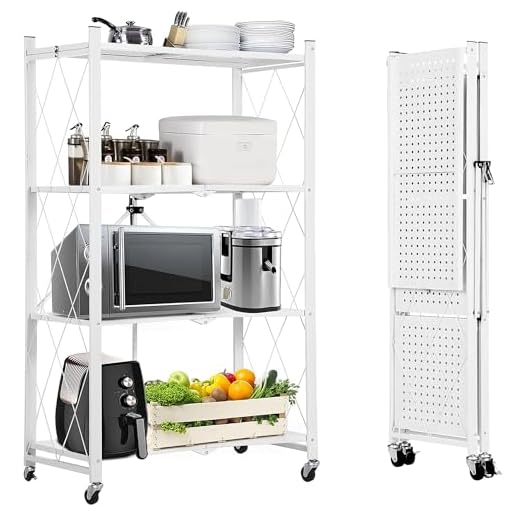 ABOUT SPACE Foldable Kitchen Storage Rack - 4 Tier Space Saving Metal Stand with Caster Wheels Crockery Unit Multifunctional Movable Microwave Stand Trolley -Upto 120Kg (White- L 69 x B 31 x H 127 cm)