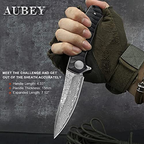 AUBEY Damascus Pocket Knife for Men, 3.23" VG10 Core Blade, Black Aluminum Handle, Camping Knife