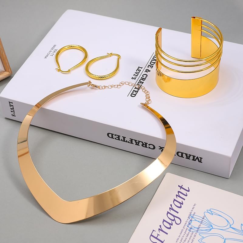 KURTCB Statement Princess Jewelry Set Gold Choker Necklace Wide Arm Cuff Band Bracelet Teardrop Hoop Earrings Halloween Jasmine Costume Set for Women Cosplay Party Gift - Image 5