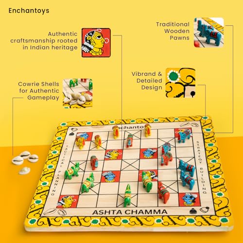 Image of Ashta Chamma Cheriyal Handpainted Wooden Peeta Board Game | Chowka Bara,Katta Mane,Taayam,Kaangi Chaala,Kaana Dua,Traditional Indian Ludo | Handcrafted Wooden Board Game for Adults & Kids