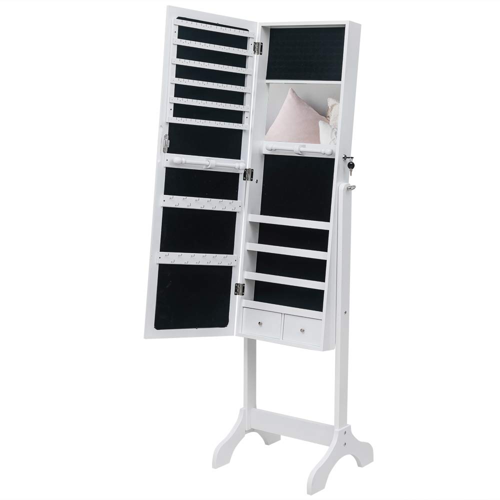 LEADZM Armoire à Bijoux sur Pieds, Meuble de Rangement Cosmétiques, Organisateur de Bijoux avec Grand Espace de Rangement pour Chambre, Placard à Accessoires avec Miroir, Verrouillable, Blanc Boisé