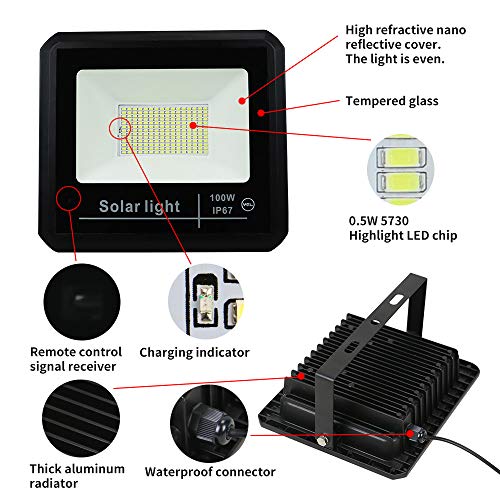 YQL 100W Outdoor LED Solar Street Security Flood Light IP67 Waterproof White 6500K 208 LEDs Auto On/Off Dusk to Dawn Timer with Remote and Bracket for Exterior Roads Yard Garden Pathway Landscape