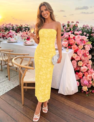Image of ZESICA Women's 2026 Summer Floral Strapless Bodycon Midi Dress Off Shoulder Beach Formal Cocktail Wedding Guest Long Dresses