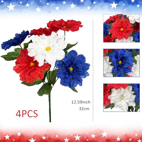 Image of 20 Heads Artificial Flower Patriotic Memorial Bouquet 13 inch Red White and Blue Flowers with Mums Hydrangea 4th of July Flowers for Cemetery Table Centerpiece Memorial Day Home Decor(No Vase)