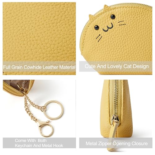 Image of Doris&Jacky Small Leather Coin Purse for Women, Mini Cat Coin Pouch And Animal Zipper Card Holder Wallet With Keychain (3-Light Yellow)