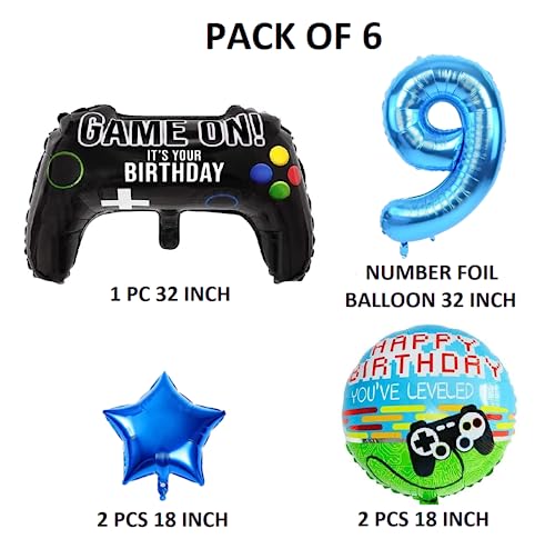 Image of 6 Pcs Game on Birthday Decoration 9th Birthday Decoration for Boys Gaming Theme Birthday Decoration Ninth Birthday Decorations Boy Game Theme Balloons (Pack of 6, Multicolor)