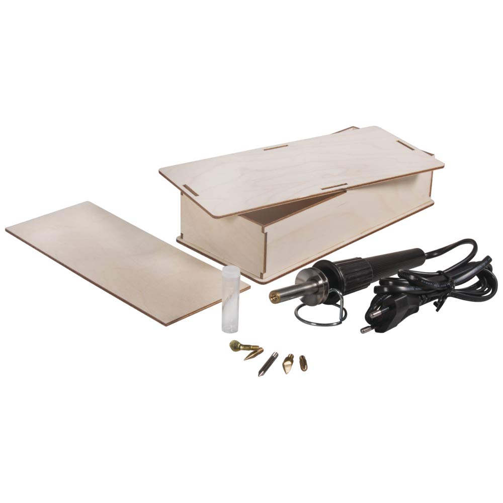 Rayher 89366000 Pirograbador de madera, cuero y corcho, Incluye estuche de madera, 5 puntas, soporte y pieza para practicar