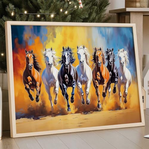 Image of HOTHOUSE Seven Running Vastu Lucky Horse Painting | 7 Horses Vastu Frame Wall Art Painting for Living Room Bedroom Office Home Decor Wall Decor Size (13X17 inch)